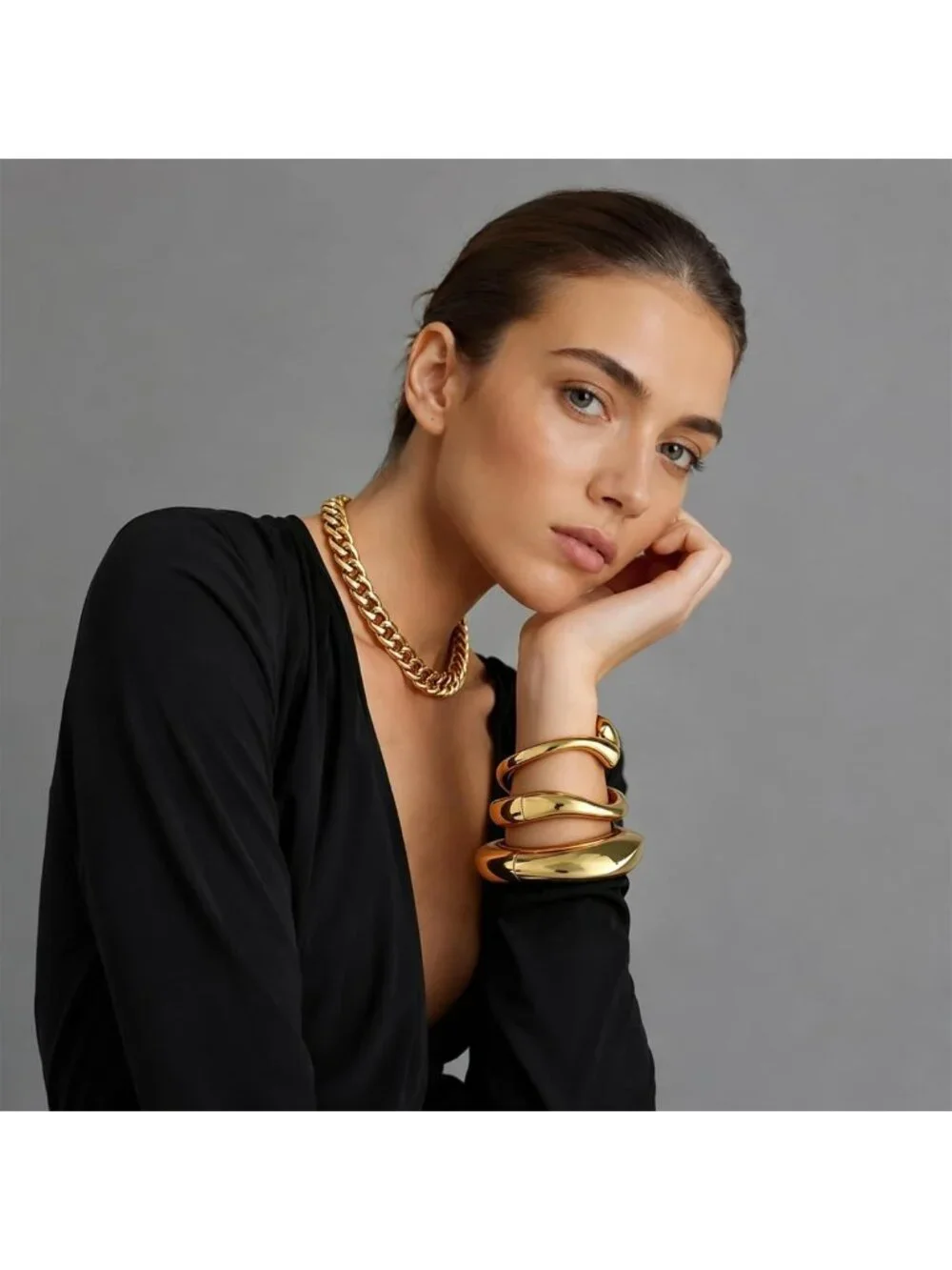 Trendy Chunky Gold Bangle Bracelets Set | 14K Gold Plated Cuff Jewelry Gift